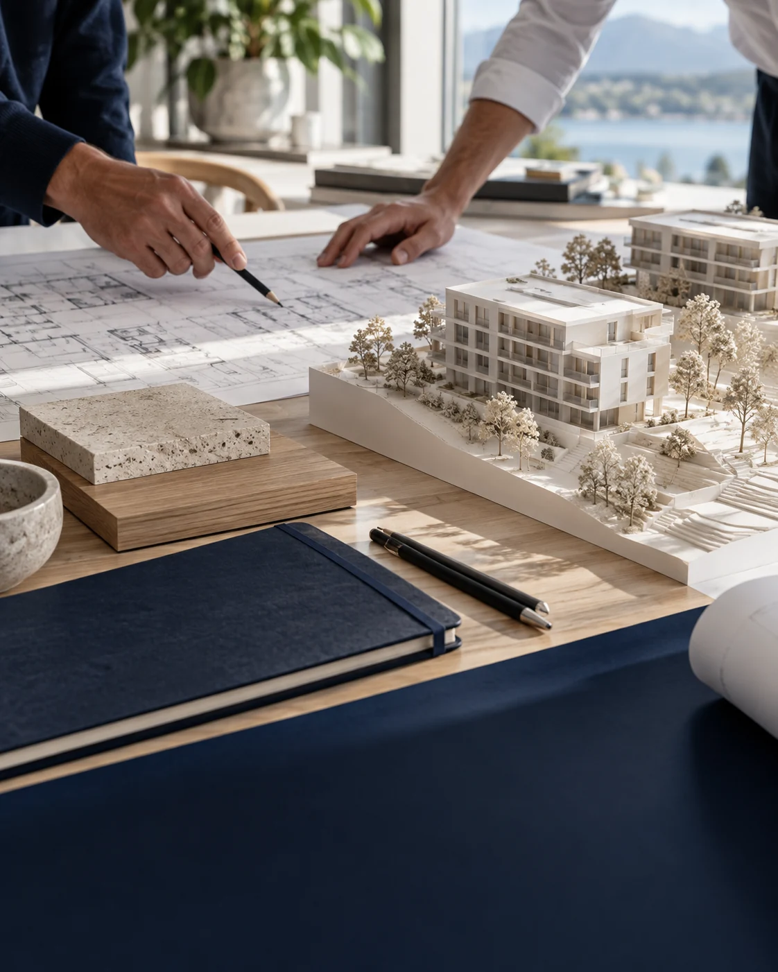 Architekturmodell, Pläne und Materialmuster für die Projektentwicklung – Symbolmotiv