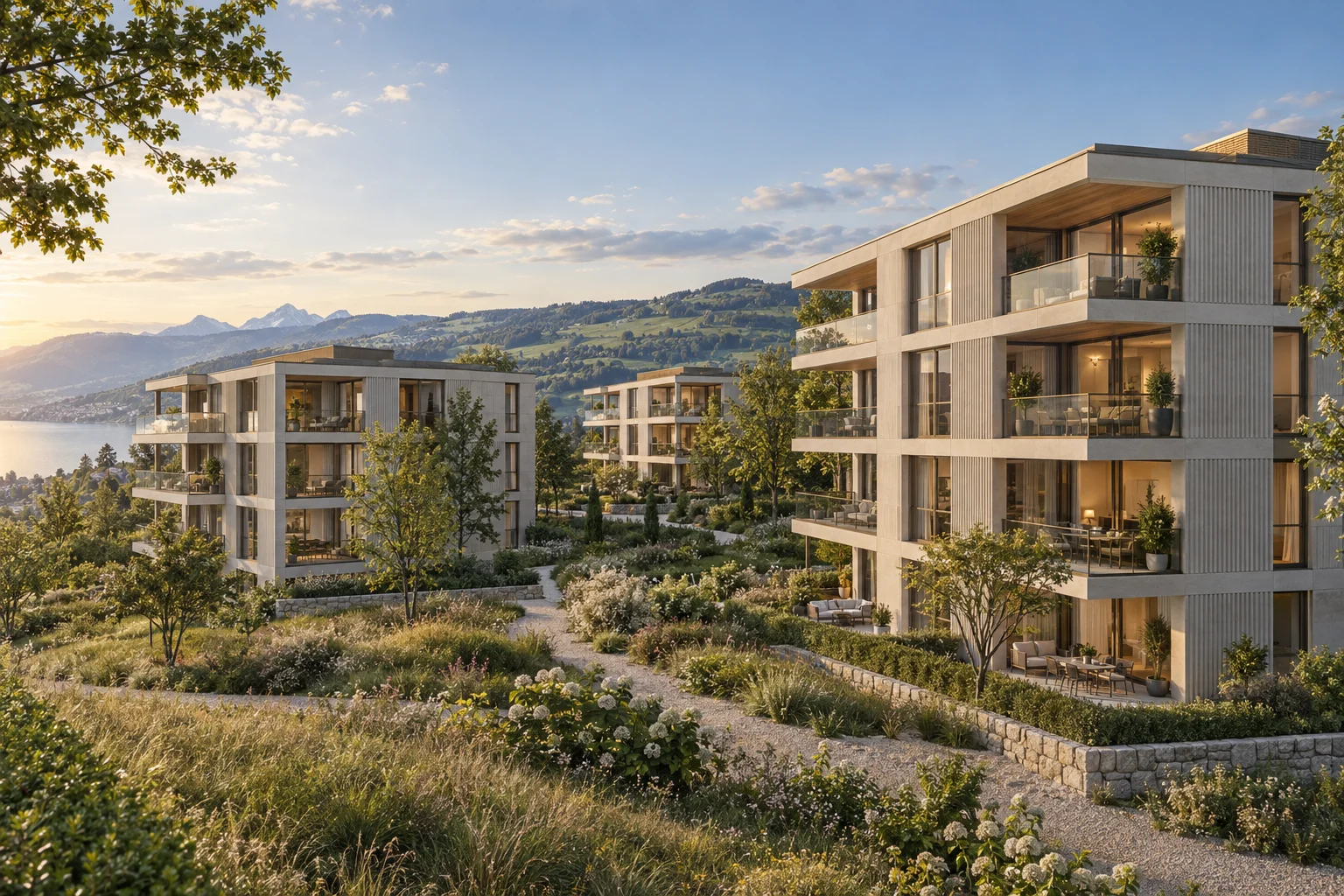 Konzeptvisualisierung einer Wohnüberbauung mit drei Häusern, Gartenwegen und Grünraum am See