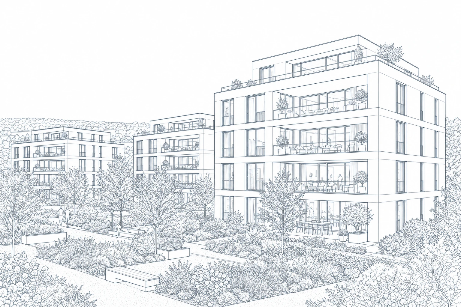 Architektonische Perspektivzeichnung der Gartenresidenzen