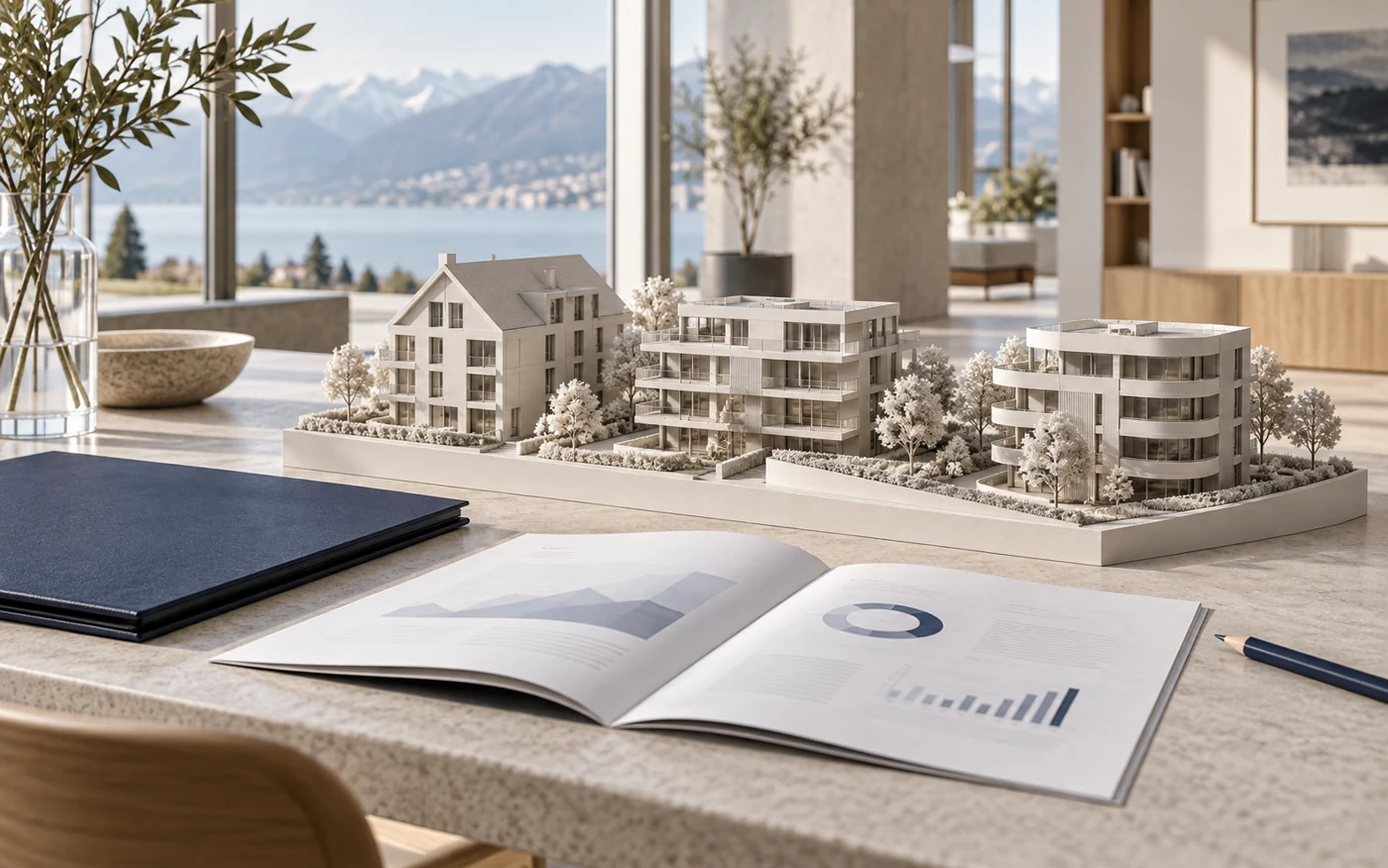 Architekturmodell und Projektunterlagen für die Immobilienprüfung – Symbolmotiv