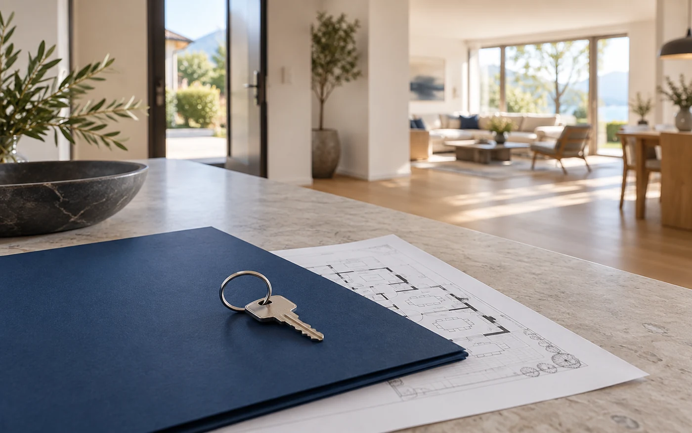 Schlüssel und Immobilienunterlagen in einem hellen Zuhause – Symbolmotiv